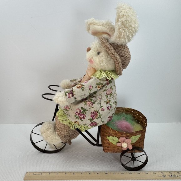 Floral Bunny Plush Doll On Metal Tricycle With Wicker Basket Floral Accents 19" - Picture 12 of 13